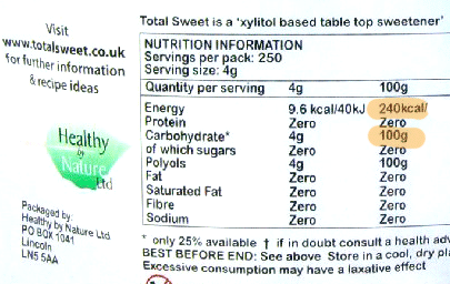 Net Carbs TotalSweet Nutritional label